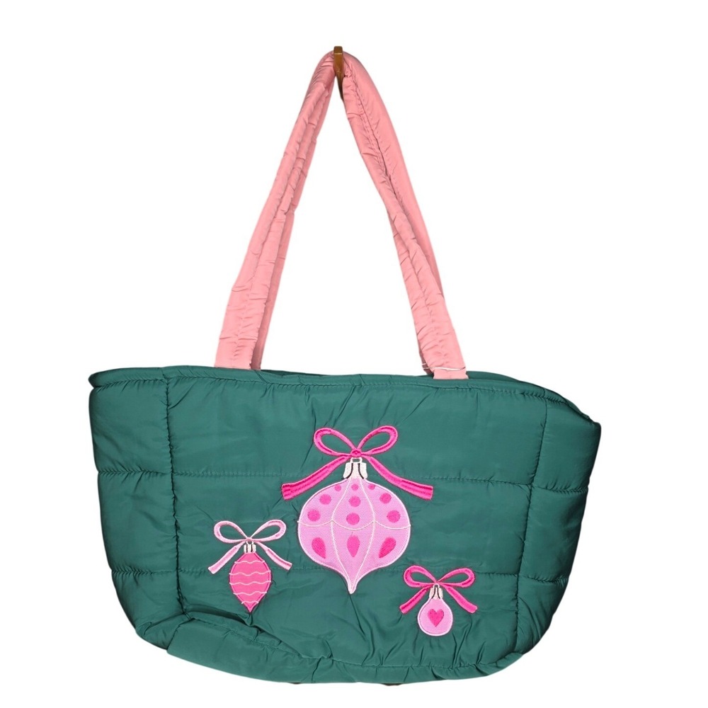 STYLINE Green Pink Christmas Ornament Quilted Puffer Tote Holiday NWT